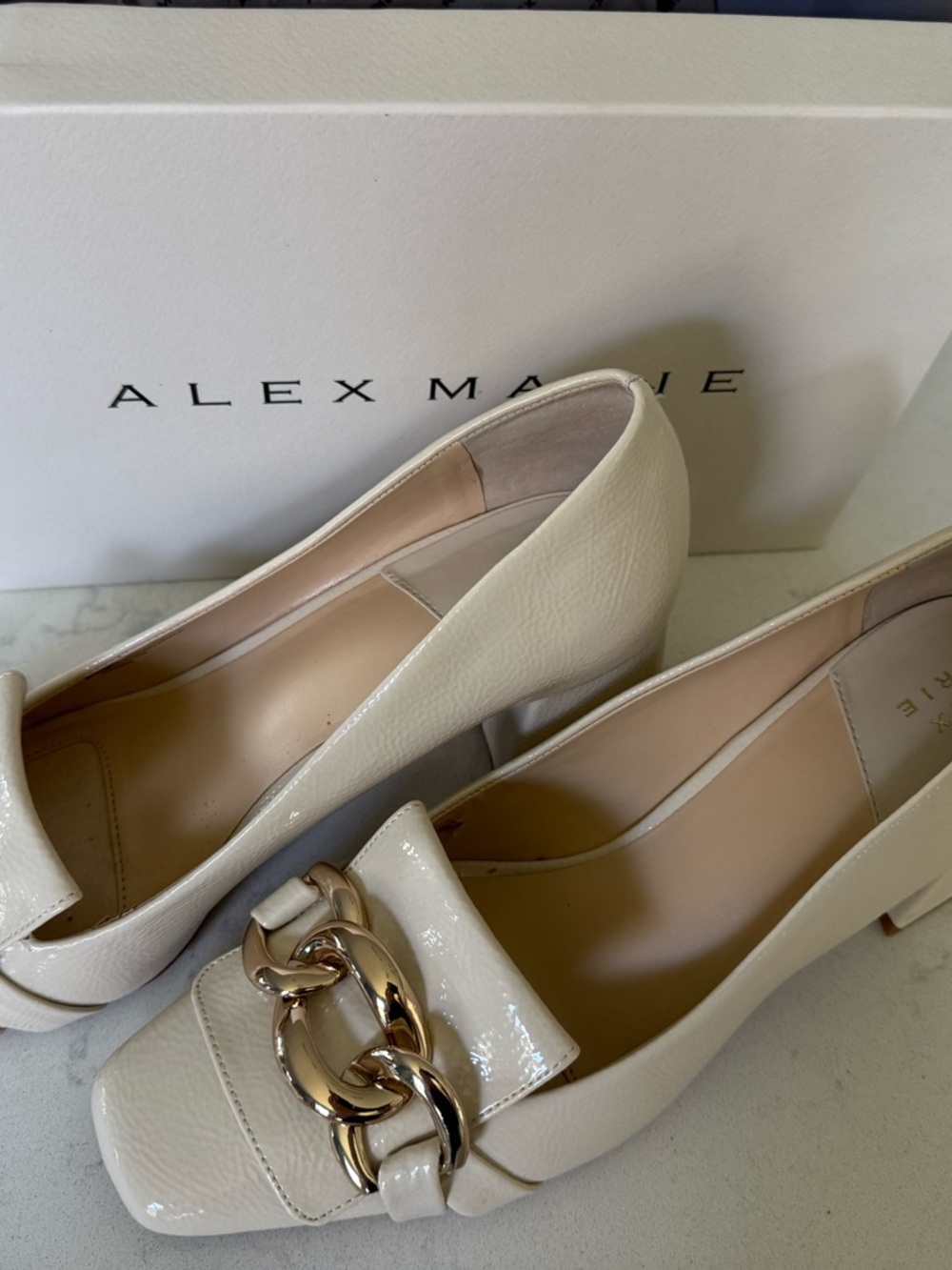 Alex Marie Cream Patent Leather Loafers with Gold Chain
